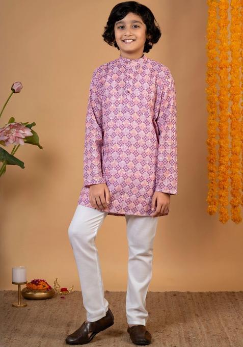 Pink Printed Cotton Kurta Set For Boys — view on Indya