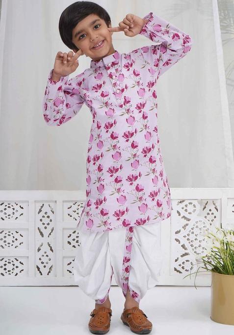 Pink Printed Cotton Kurta Set For Boys — view on Indya