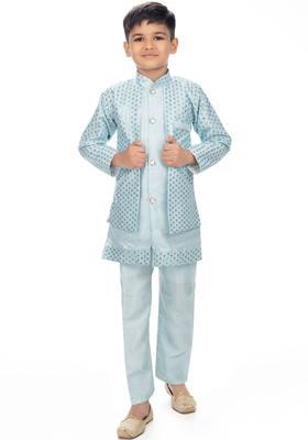 Turquoise Blue Solid Silk Kurta Set For Boys