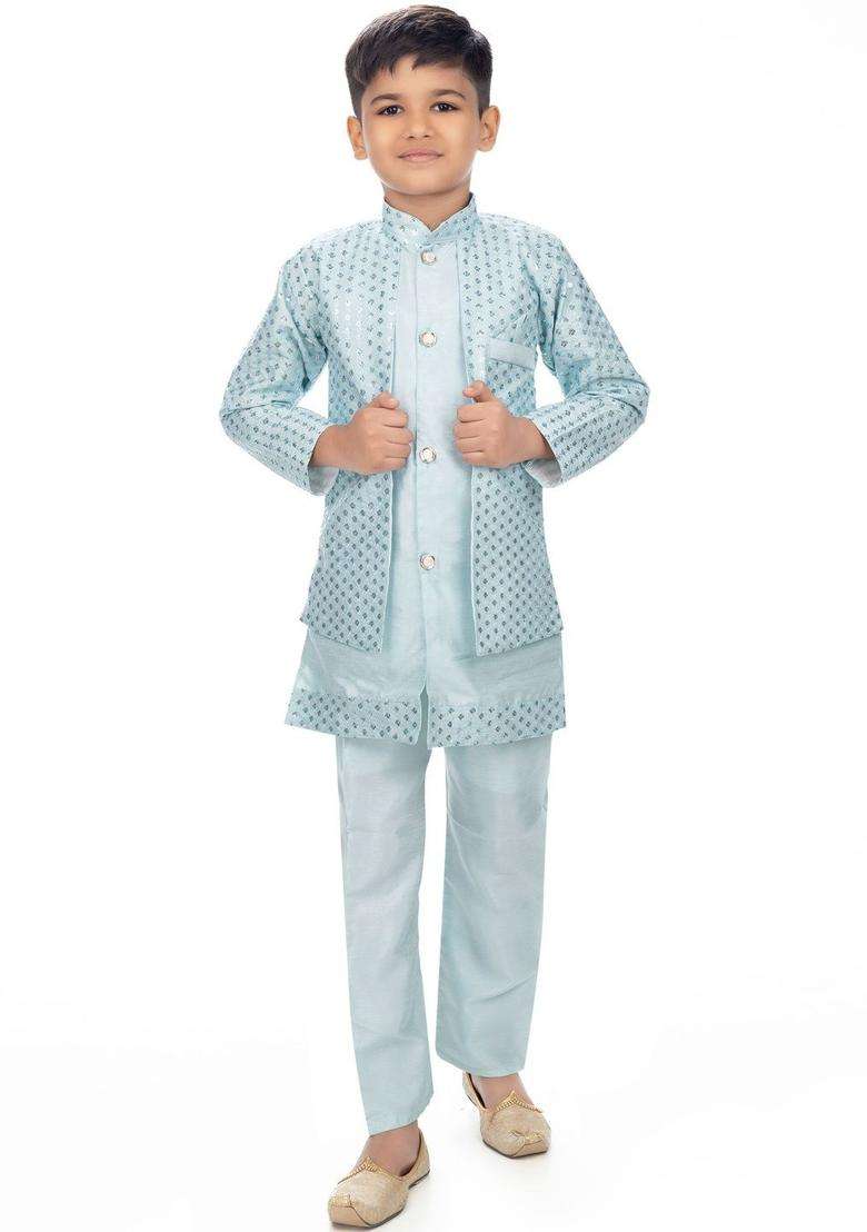 Turquoise Blue Solid Silk Kurta Set For Boys - Indya