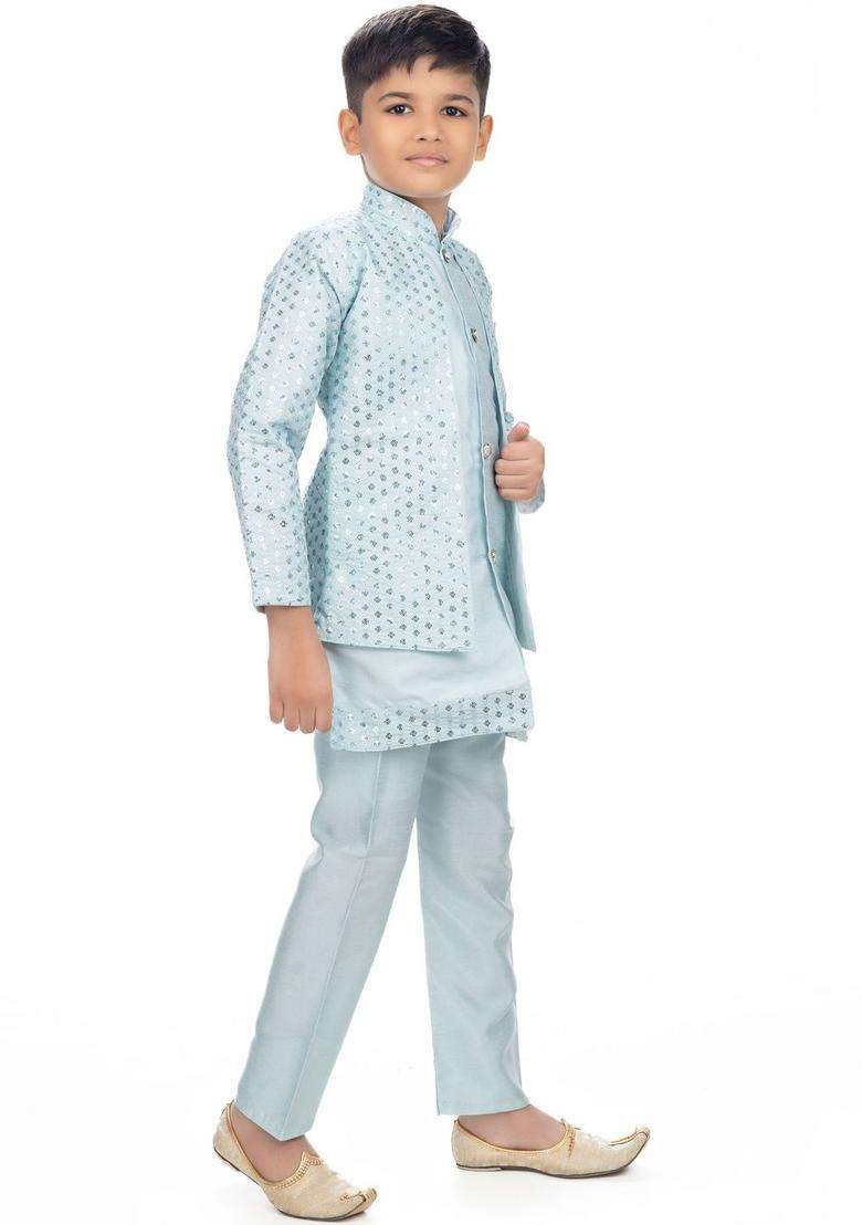 Turquoise Blue Solid Silk Kurta Set For Boys - Indya