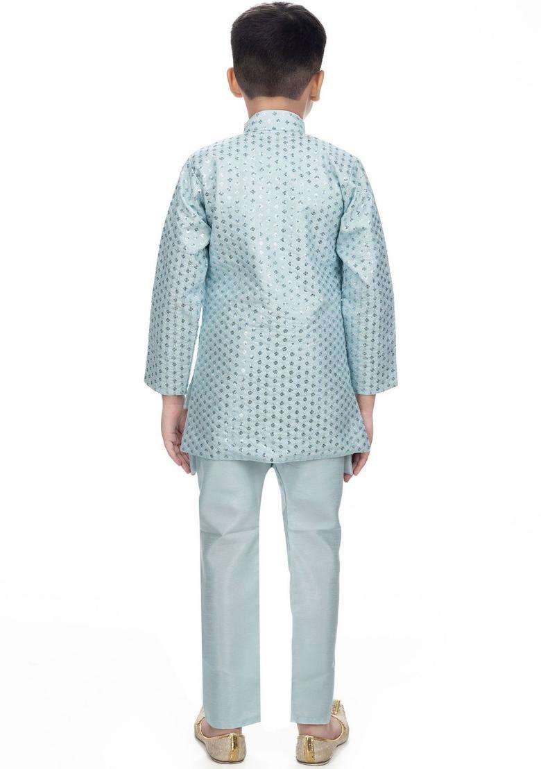 Turquoise Blue Solid Silk Kurta Set For Boys - Indya