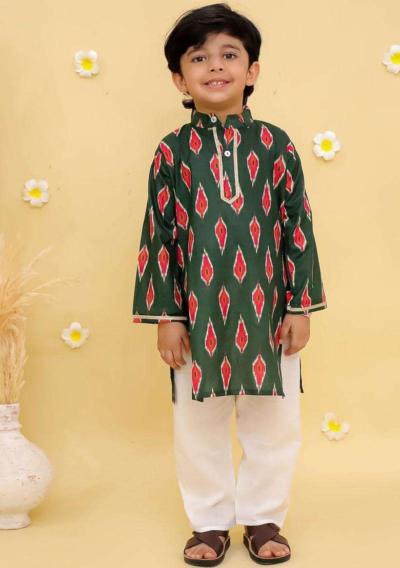 Green Printed Cotton Kurta Set For Boys - Indya