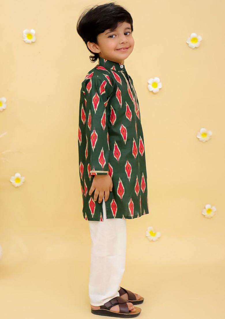 Green Printed Cotton Kurta Set For Boys - Indya