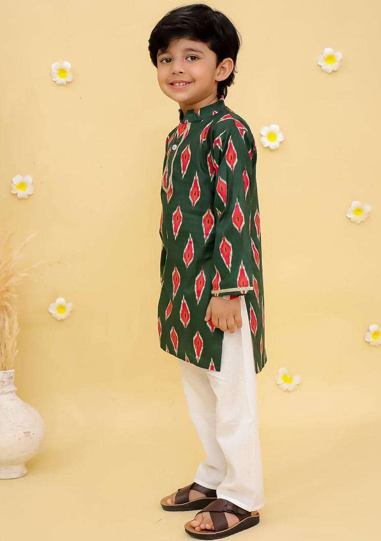Green Printed Cotton Kurta Set For Boys - Indya