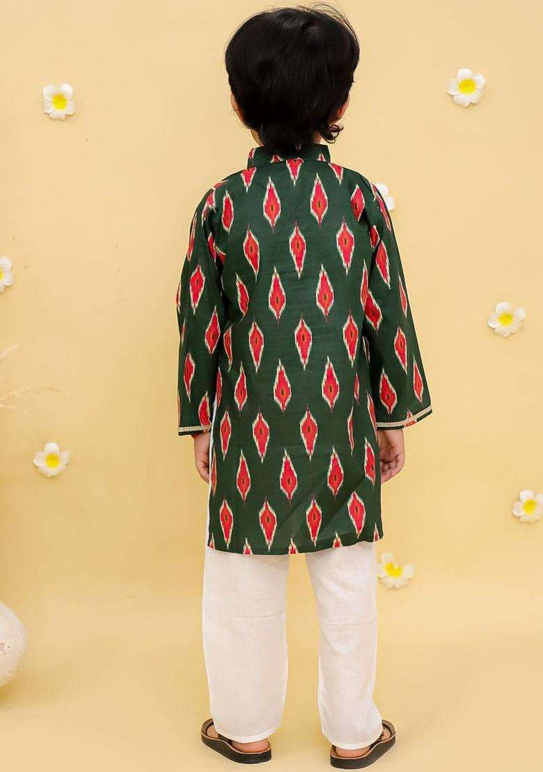 Green Printed Cotton Kurta Set For Boys - Indya