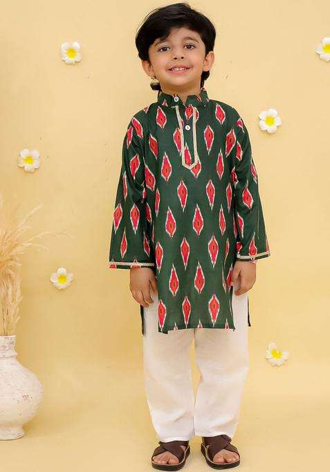 Green Printed Cotton Kurta Set For Boys