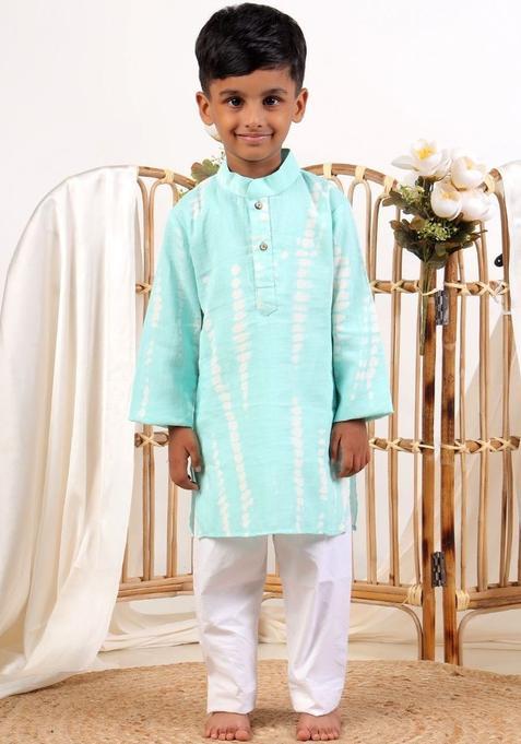 Sea Green Printed Cotton Kurta Set For Boys — view on Indya