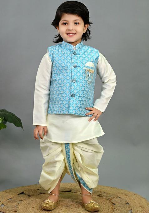 Blue Woven Design Silk Kurta Set For Boys — view on Indya