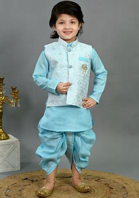 Turquoise Blue Solid Silk Kurta Set For Boys