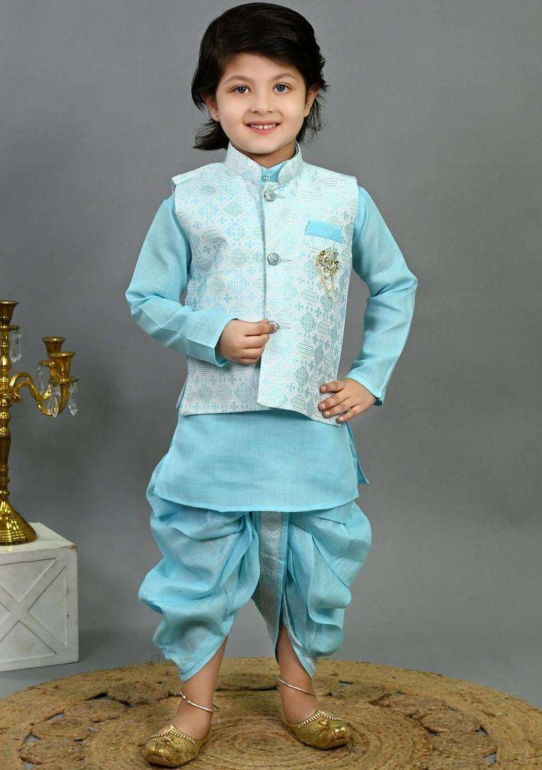 Turquoise Blue Solid Silk Kurta Set For Boys - Indya