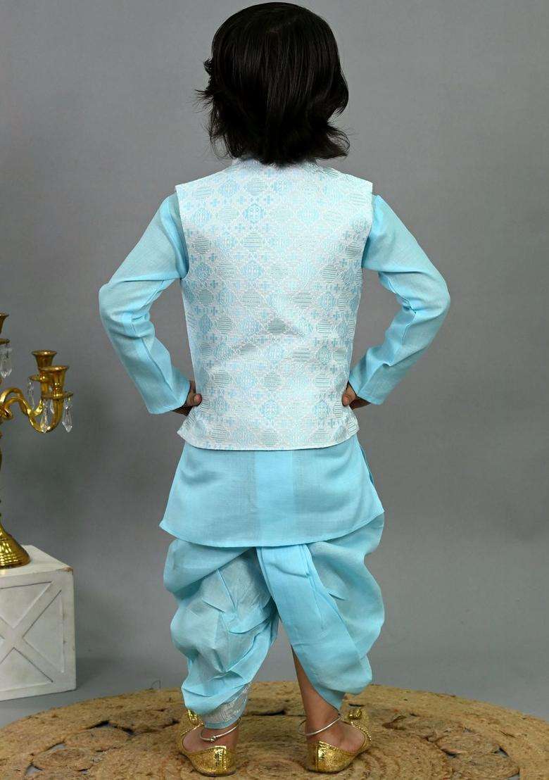 Turquoise Blue Solid Silk Kurta Set For Boys - Indya