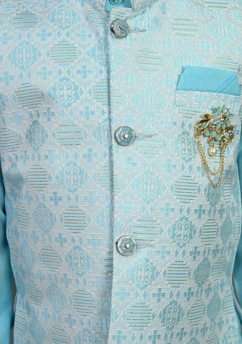 Turquoise Blue Solid Silk Kurta Set For Boys - Indya