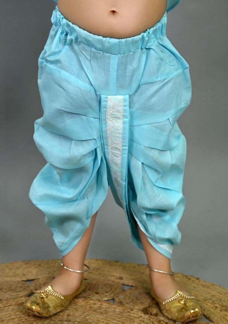 Turquoise Blue Solid Silk Kurta Set For Boys - Indya