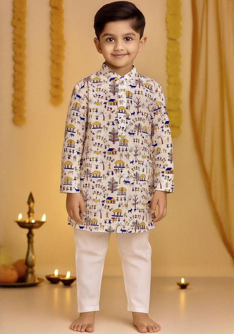 White Printed Cotton Kurta Set For Boys — view on Indya