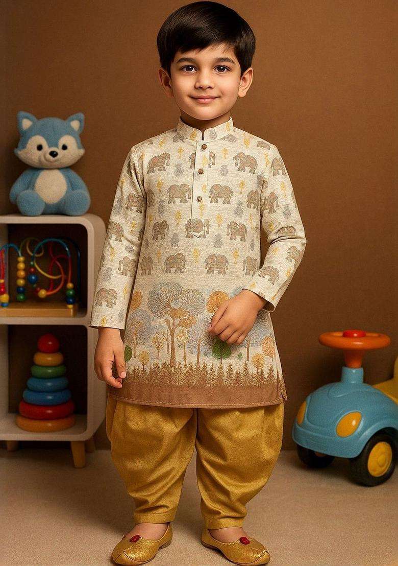 Brown Printed Cotton Kurta Set For Boys - Indya