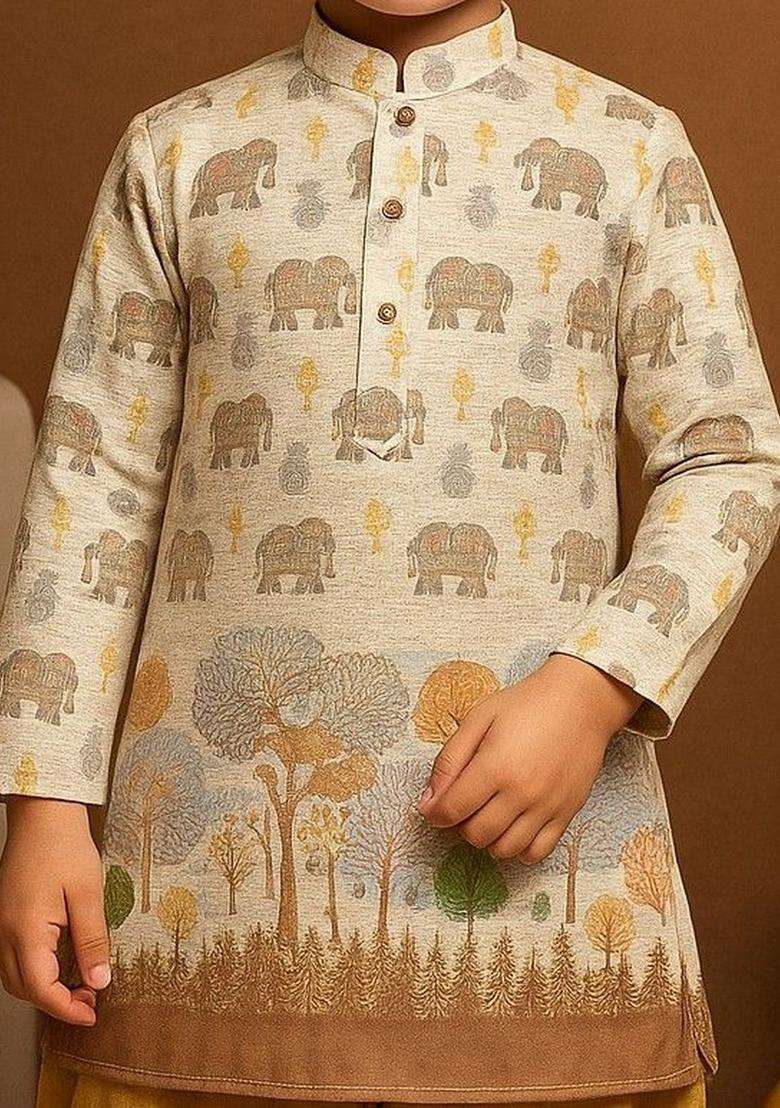 Brown Printed Cotton Kurta Set For Boys - Indya