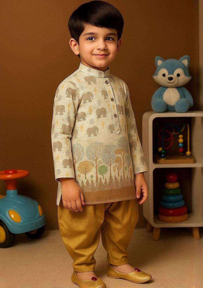 Brown Printed Cotton Kurta Set For Boys - Indya