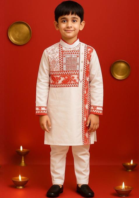 White Printed Cotton Kurta Set For Boys — view on Indya