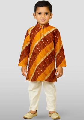 Mustard Printed Viscose Kurta Set For Boys