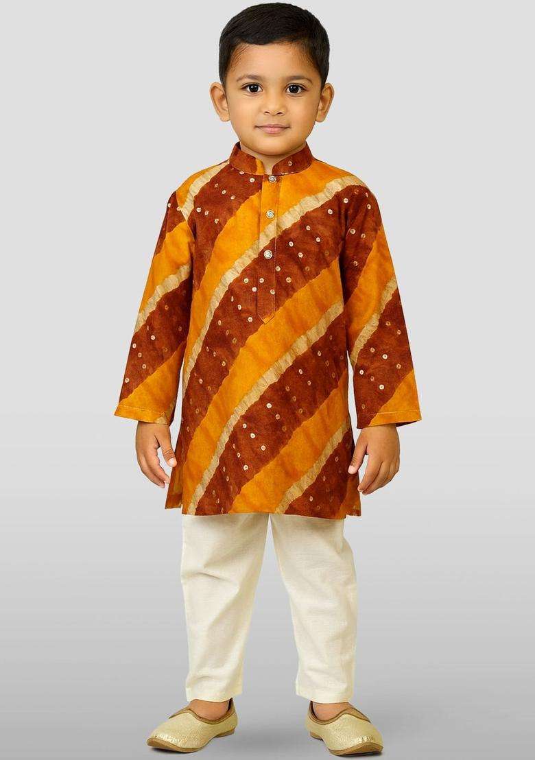 Mustard Printed Viscose Kurta Set For Boys - Indya
