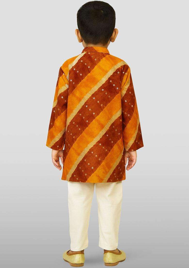 Mustard Printed Viscose Kurta Set For Boys - Indya