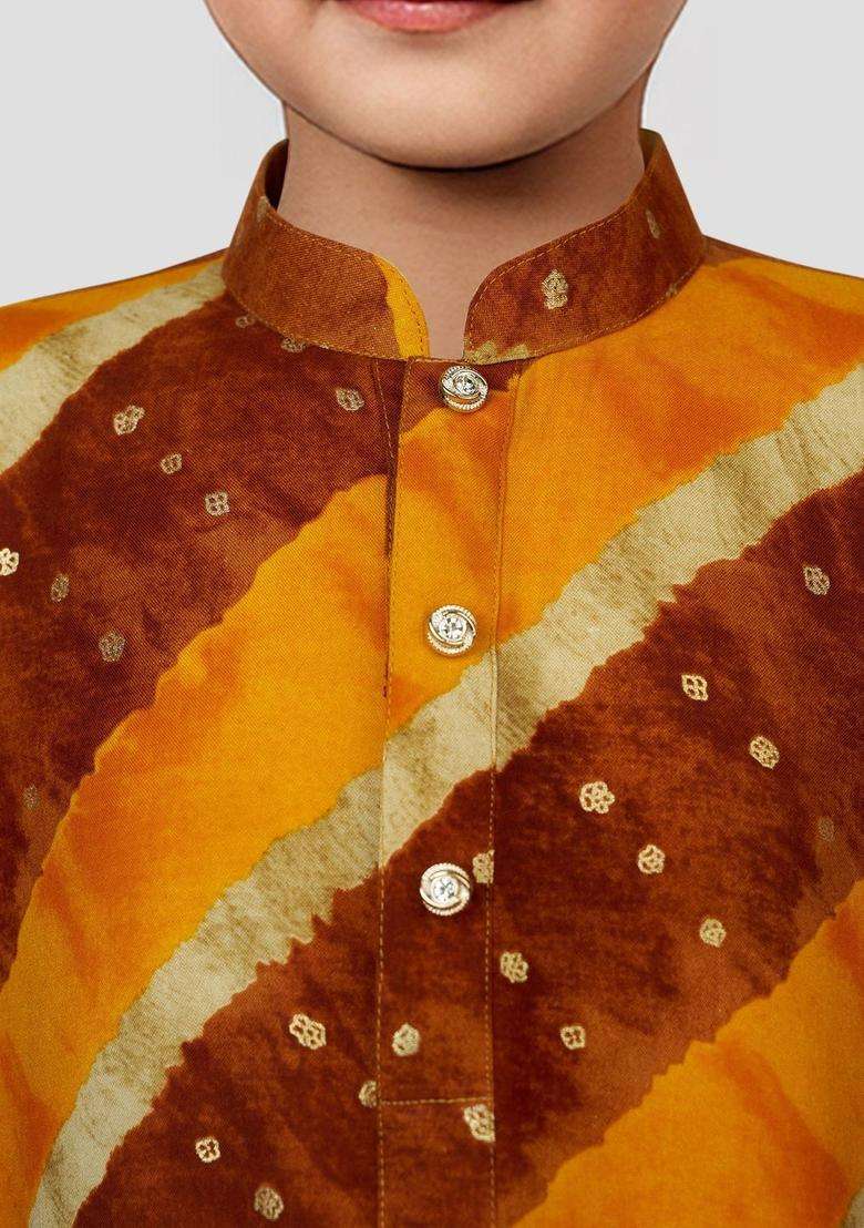 Mustard Printed Viscose Kurta Set For Boys - Indya