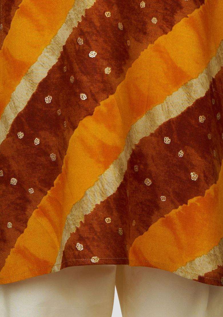 Mustard Printed Viscose Kurta Set For Boys - Indya