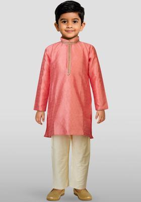 Pink Woven Design Silk Kurta Set For Boys