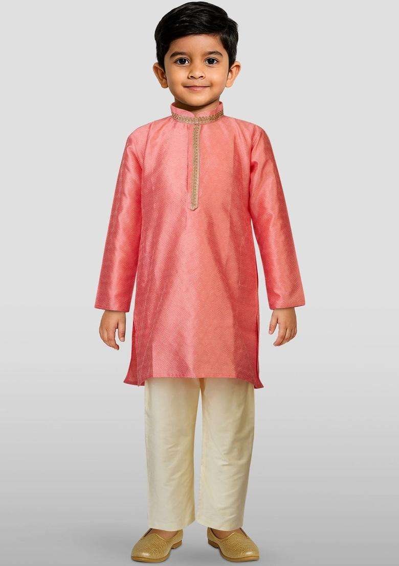 Pink Woven Design Silk Kurta Set For Boys - Indya