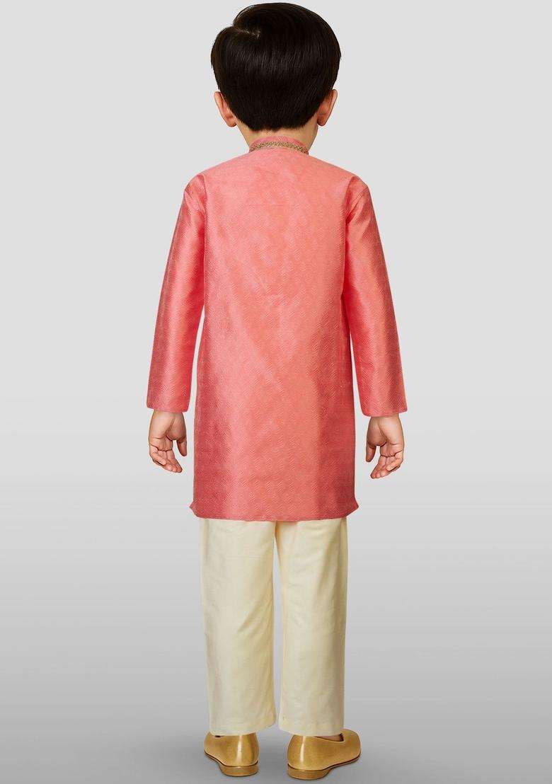 Pink Woven Design Silk Kurta Set For Boys - Indya