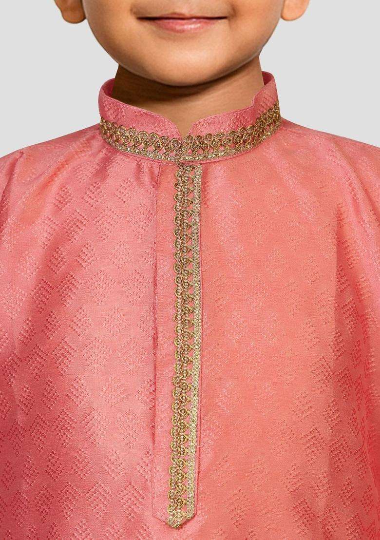 Pink Woven Design Silk Kurta Set For Boys - Indya