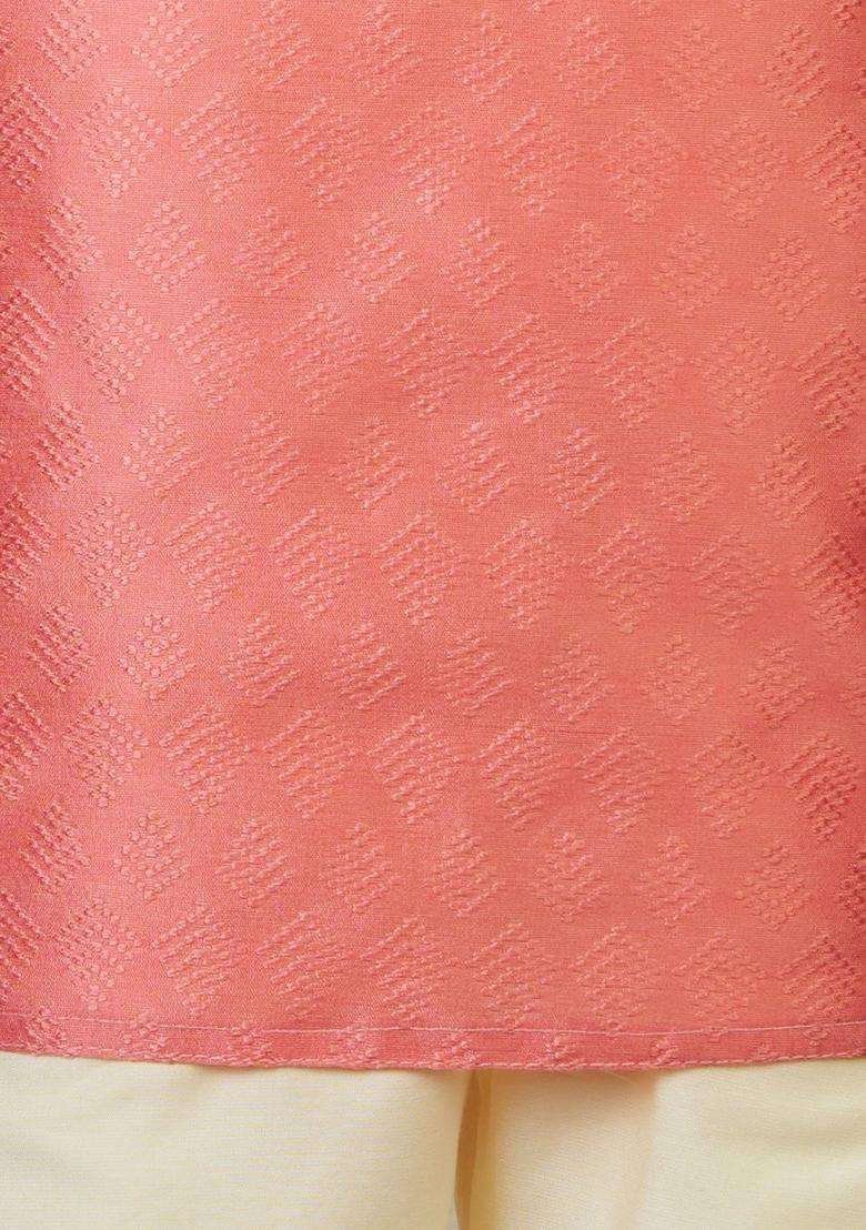 Pink Woven Design Silk Kurta Set For Boys - Indya