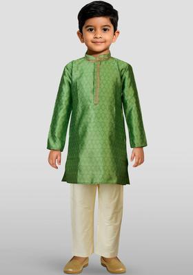 Green Woven Design Silk Kurta Set For Boys