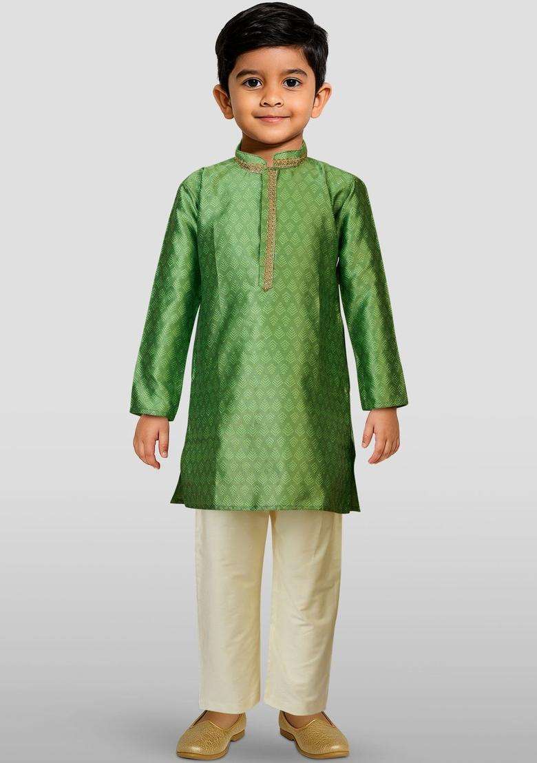 Green Woven Design Silk Kurta Set For Boys - Indya