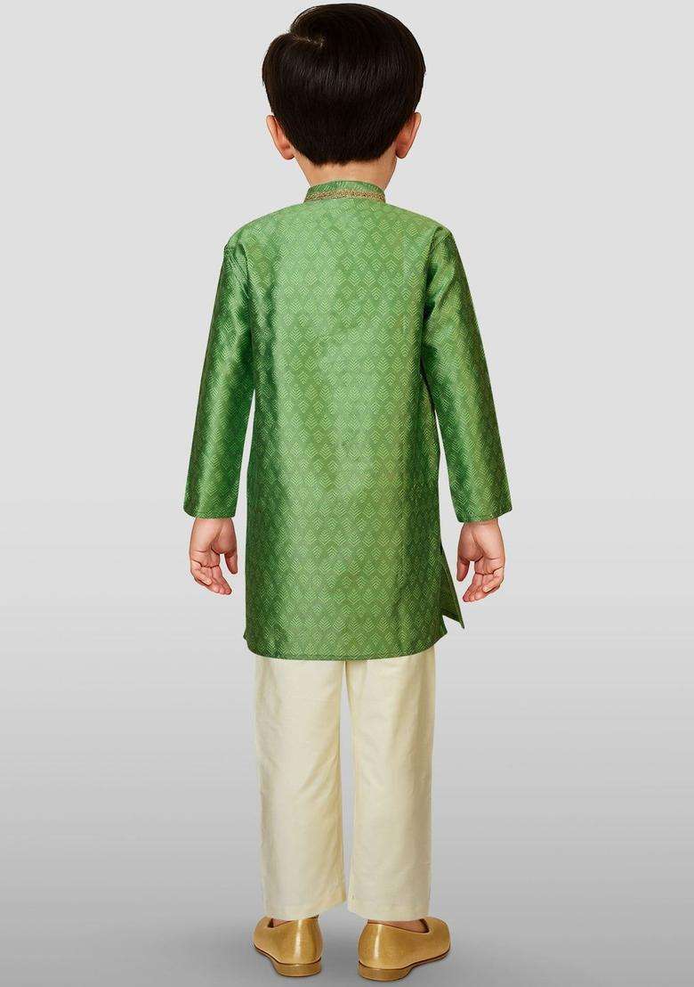Green Woven Design Silk Kurta Set For Boys - Indya