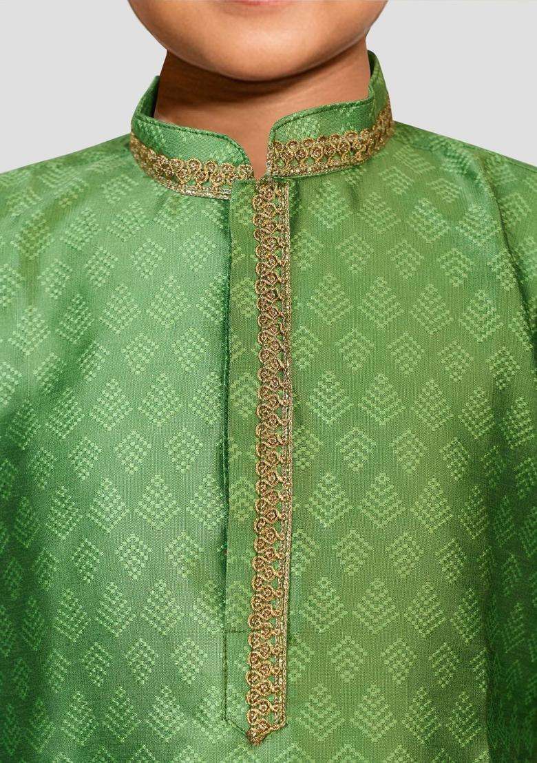 Green Woven Design Silk Kurta Set For Boys - Indya