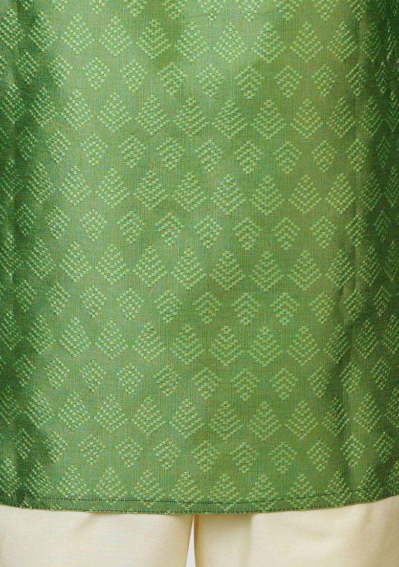 Green Woven Design Silk Kurta Set For Boys - Indya