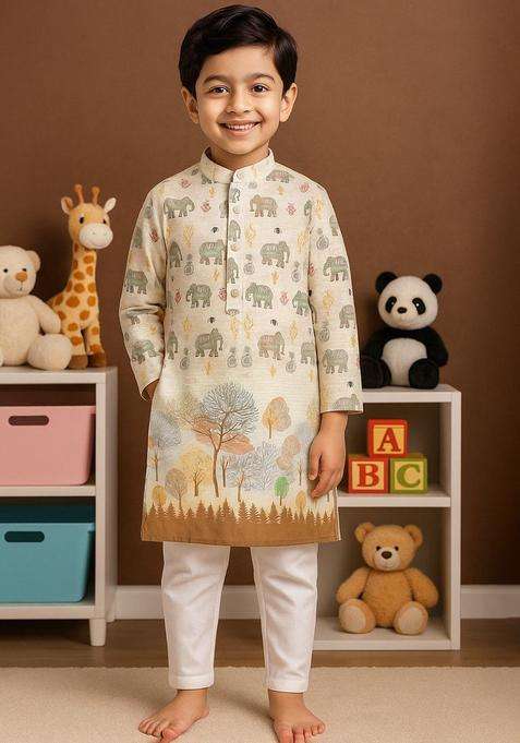 Brown Printed Cotton Kurta Set For Boys