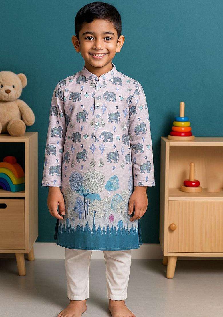 Teal Printed Cotton Kurta Set For Boys - Indya