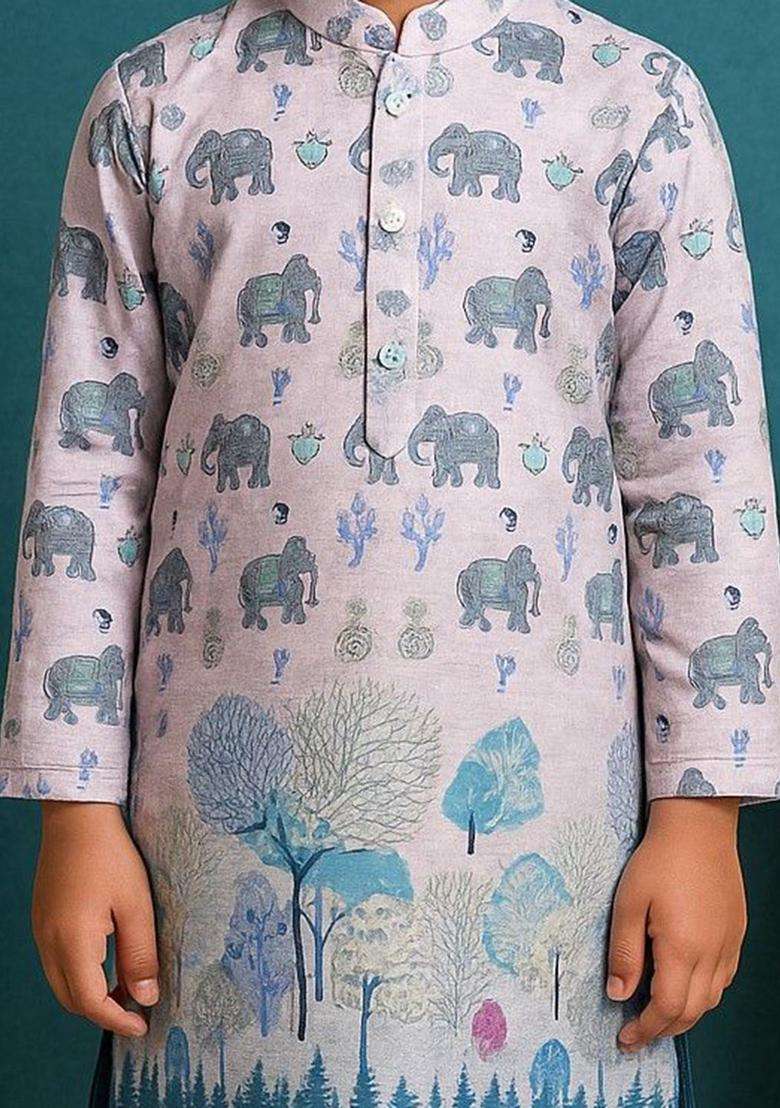 Teal Printed Cotton Kurta Set For Boys - Indya