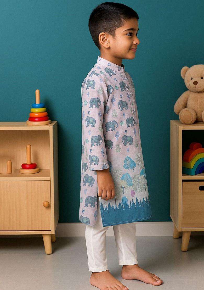 Teal Printed Cotton Kurta Set For Boys - Indya