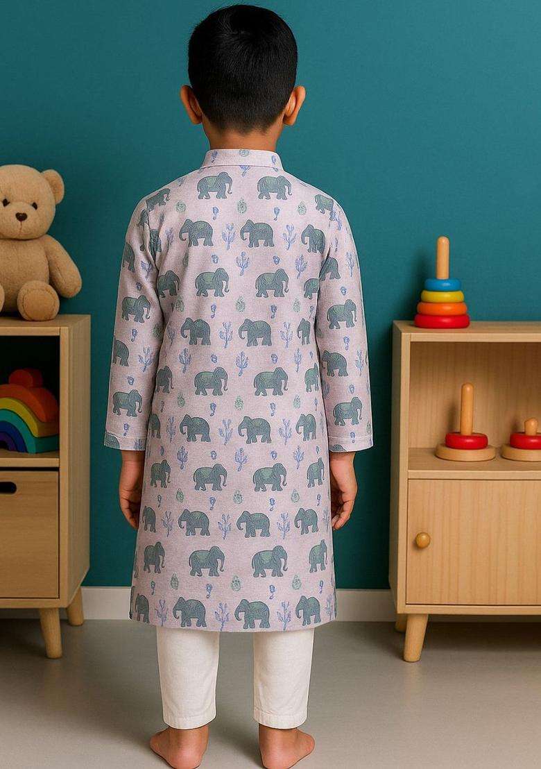 Teal Printed Cotton Kurta Set For Boys - Indya