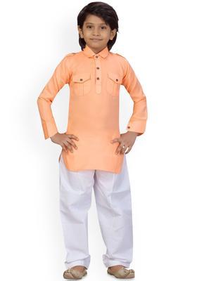 Orange Yoke Design Cotton Kurta Set For Boys