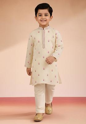Yellow Embroidered Satin Kurta Set For Boys