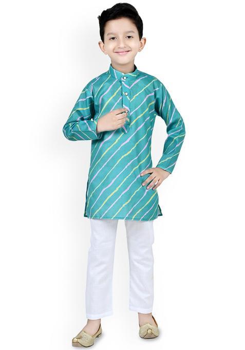 Green Printed Cotton Kurta Set For Boys — view on Indya