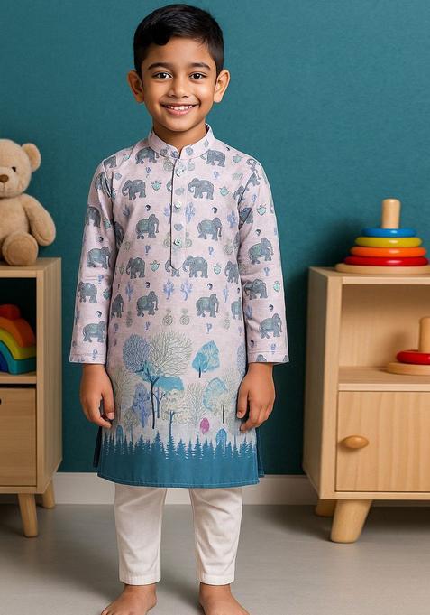 Teal Printed Cotton Kurta Set For Boys — view on Indya
