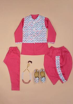 Red Embroidered Silk Kurta Set For Boys