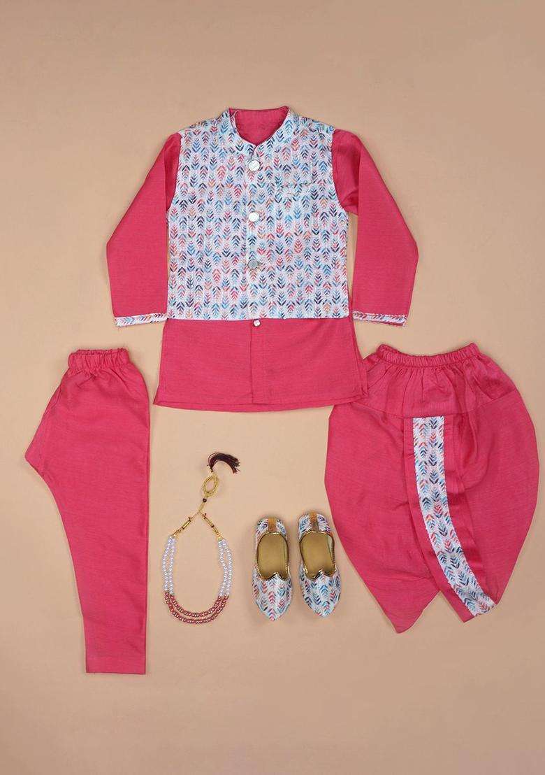 Red Embroidered Silk Kurta Set For Boys - Indya
