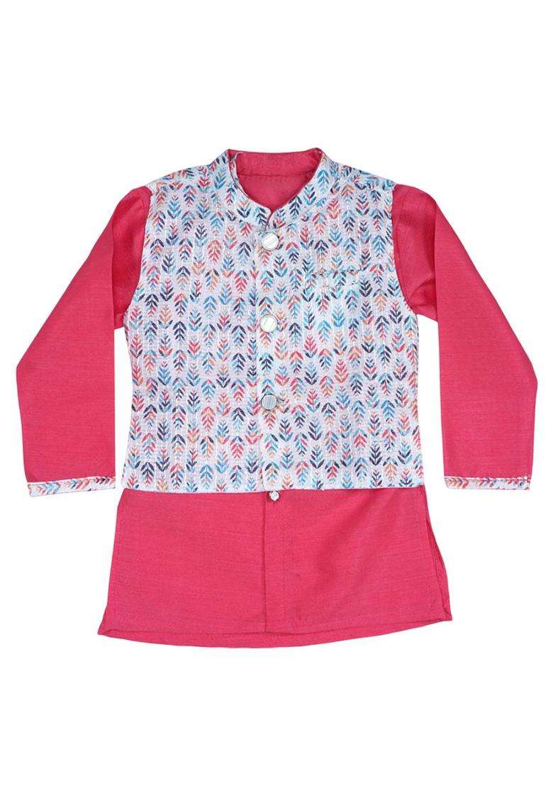 Red Embroidered Silk Kurta Set For Boys - Indya
